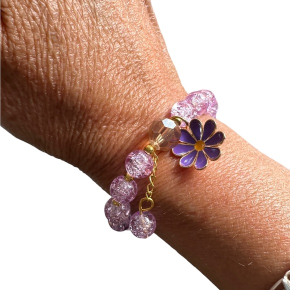 Light Purple and Gold Beaded Stretch Bracelet with Flower Charm - Picture 3 of 5
